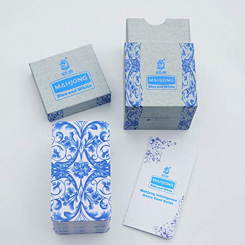 Mahjong Tile Intelligence Game Cards with Instruction, Mahjongg Playing Cards with Blue and White Porcelain Design