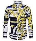 Versaces Men Shirt Leisure Palace Wind Digital Striped Print Long Sleeve Shirt, Black Yellow, M