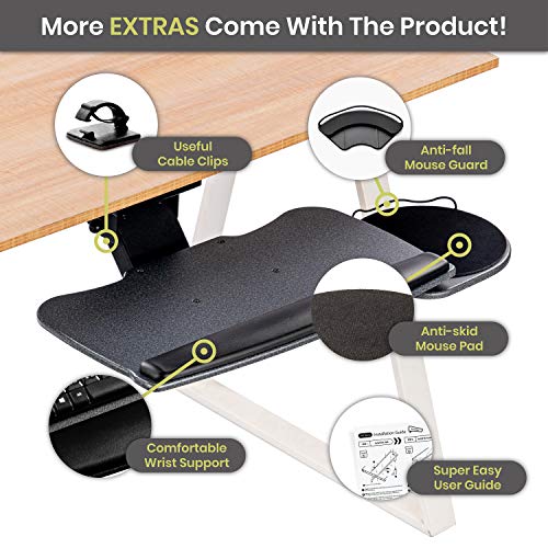 FERSGO Under Desk Keyboard Tray, 20" x 11" Tray, 17.75" Track, One Knob