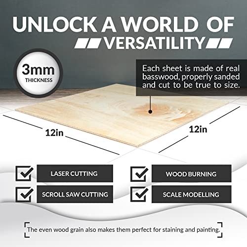 Basswood Sheets for Crafts 1/8 inch, 3mm Plywood Sheets for Laser Cutting, Wood Burning, Architectural Models, Drawing - 10 Pack Bass Wood 12 x 12 inch (SS Custom Products)