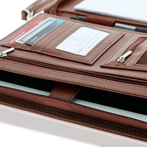 Junior Zippered Business Padfolio with Notepad - Light Brown PU Leather Portfolio Binder & Organizer Folder with 8 Inch Tablet Sleeve by Lautus Designs - Thumbnail 4