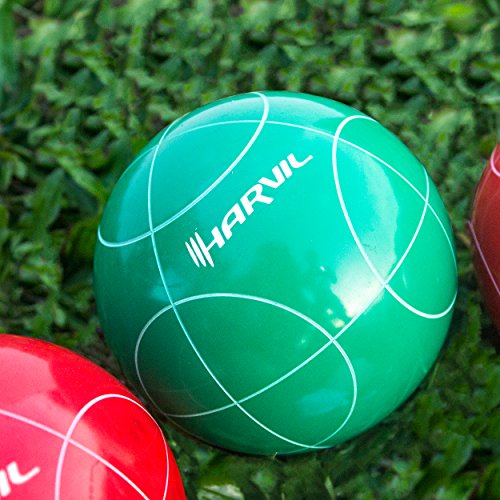 Harvil 100mm Bocce Ball Set. Includes 8 Poly-Resin Balls, 1 Pallino, 1 Nylon Zip-Up Carrying Case and Measuring Rope.