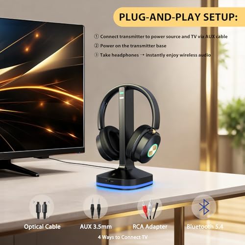 Wireless Headphones for TV Watching, TV Headphones Wireless for Seniors with Low Latency , V5.4 Over Ear Headphones with Digital Optical RCA AUX 3.5 MM Transmitter Charging Dock, for Elderly Seniors