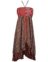Womens Summer Halter Dress Recycled Silk Sari Vintage Two Layer Boho KALBELIA Queen Sundress
