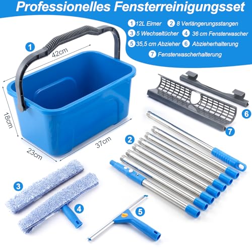 Window Cleaner Set, 3.25 m Professional Telescopic Rod Window Cleaning with Window Cleaning Bucket 12 L, Window Cleaner Set with 35.5 cm Window Wiper, Window Cleaning Set for Home, Window, Glass, Car