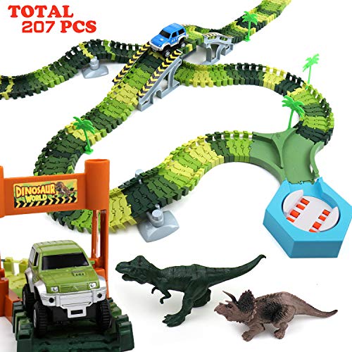 Klobroz Dinosaur Track Race Car Toys, 192 PCS Flexible Train Tracks Playset & 2 Battery Powered Cars, 2 Dinosaurs Best Gifts for Toddler Boys Girls Kids (Best Race Track For 4 Year Old)