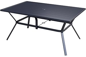 Anmutig Outdoor Patio Dining Rectangle Table for 6 Metal Slatted Tabletop with 1.57" Umbrella Hole for Garden Lawn Backyard Parties, Black Metal Frame 60" L x 38" W x 28" H