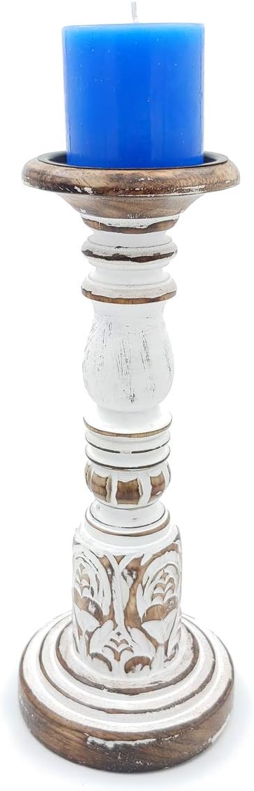 The Urban Store Table Top Wooden Decorative Distressed White Finished Candle Stand (12 x 12 x 30 cm)