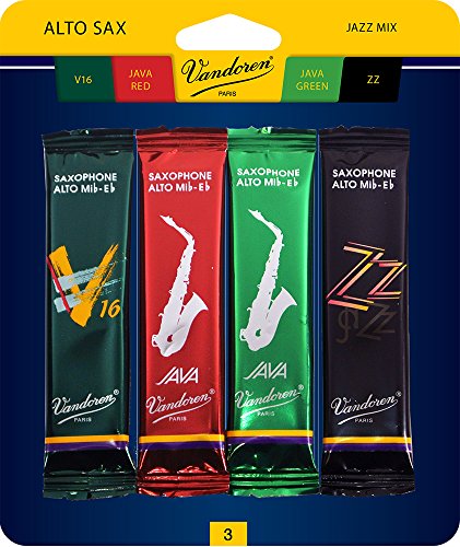 Vandoren SRMIXA3 Alto Sax Jazz Reed Mix Card includes 1 each ZZ, V16, JAVA and JAVA Red Strength 3 (Best Alto Sax Reeds For Jazz)