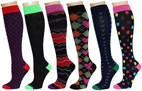 REXX 6 Pairs Women's Knee-high Graduated Support Anti-Fatigue 8-15mmHg Combed Cotton Compression Socks
