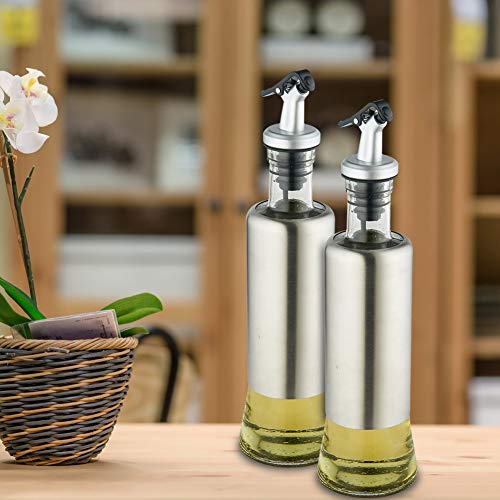 FARI Stainless Steel Olive Oil Dispenser Bottle Set, 2 Pack of 10oz Glass Cooking Oil & Vinegar Cruet Set for Kitchen and BBQ - Thumbnail 6