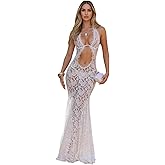 Women's Sexy Halter Deep V Neck See Through Lace Maxi Dress Party Cocktail Gown Wedding Guest Dresses