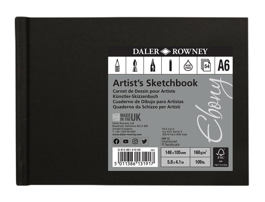 Daler-Rowney Ebony 160gsm A6 Smooth Landscape Hardbound Sketchbook, Casebound, 54 Natural White Sheets, for Professional Artists & Students