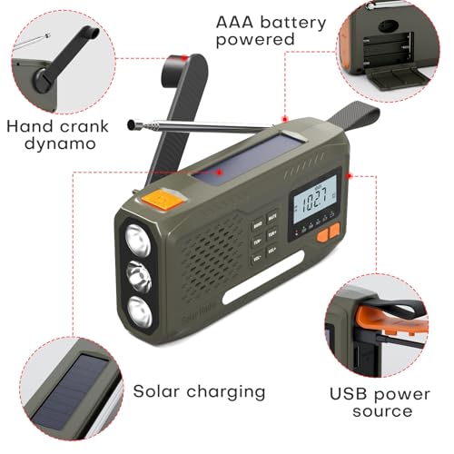 Survival Radio, Battery Operated Portable Solar Radio with 4500mAh Rechargeable Battery, AM/FM Crank, Screen, Emergency Kit with Lamp, SOS Alarm and Smart Phone Emergency Charging