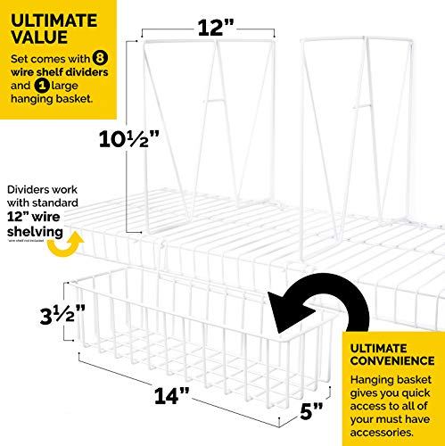 Wire Shelf Divider for Closets, Set of 8 Closet Dividers, 1 Hanging Basket Organizer for Maximum Storage, Home Organization for Kitchen, Pantry, Linen or Laundry Shelves, Works with 12 Inch Shelving - Thumbnail 2