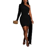 HugeNice Women's Elegant One Shoulder Mini Dresses Long Sleeve Wrap Sparkly Club Party Evening Dress