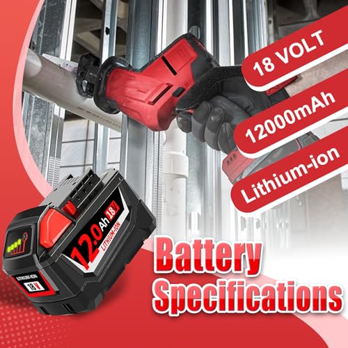 2PC 18V 12.0Ah Replacement for Milwaukee Battery, Compatible with Milwaukee m18 Battery 48-11-1815 48-11-1820 48-11-1840 18Volt Cordless Power Tools for DIY and Professional Tools (LED Indicator-2)