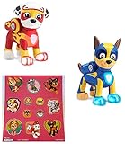 Paw Patrol Mighty Pups Chase and Marshall Figures with Light-up Badge and Paws with Bonus 12 Stickers Sheet Bundle (3 Items)