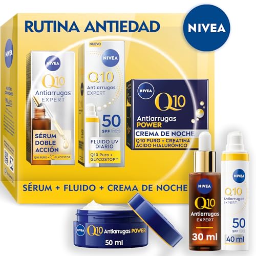 Pack Q10 Antiedad y Antiglicación - Sérum Q10 Expert Doble Acción 30 ml + Crema Hidratante Fluido UV Diario SPF50 40ml + Crema de Noche 50ml - Triple Defensa Antiarrugas Q10 Puro y Glycostop