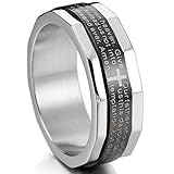 MOWOM Silver Tone Black Stainless Steel Ring Band Bible Lords Prayer Cross
