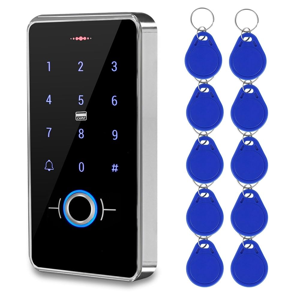 KurDunly RFID Biometric Fingerprint Access Control Keypad, Waterproof Touch Controller DC12V Outdoor Use with 13.56MHz IC Keychains