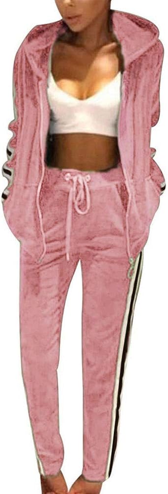 Womens 2PCS Tracksuit Set Velour Stripe Zipped Hoodie Jogging Suit Women Pyjama Set Loungewear Long Sleeve