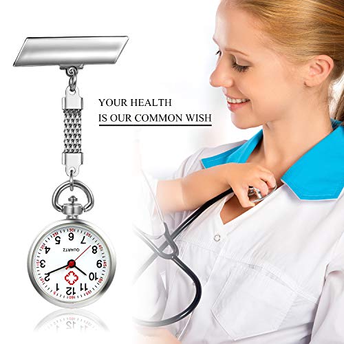 Women Nurses Watch Simple Classic Unisex Doctor Tunic Lapel Pin-on Brooch Quartz Fob Watch Large Arabic Numeral Mark with Metal Link - Thumbnail 2