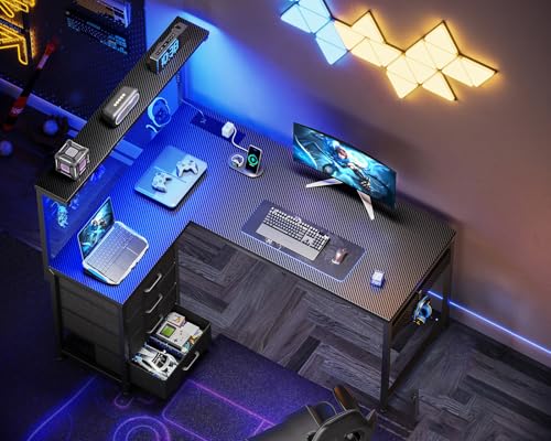 Coleshome L Shaped Gaming Desk with Drawers & Shelf, 110 × 80 cm | Reversible Corner Computer Desk with LED Lights & Power Outlets, Gaming Table with Hook, Carbon Fiber Black