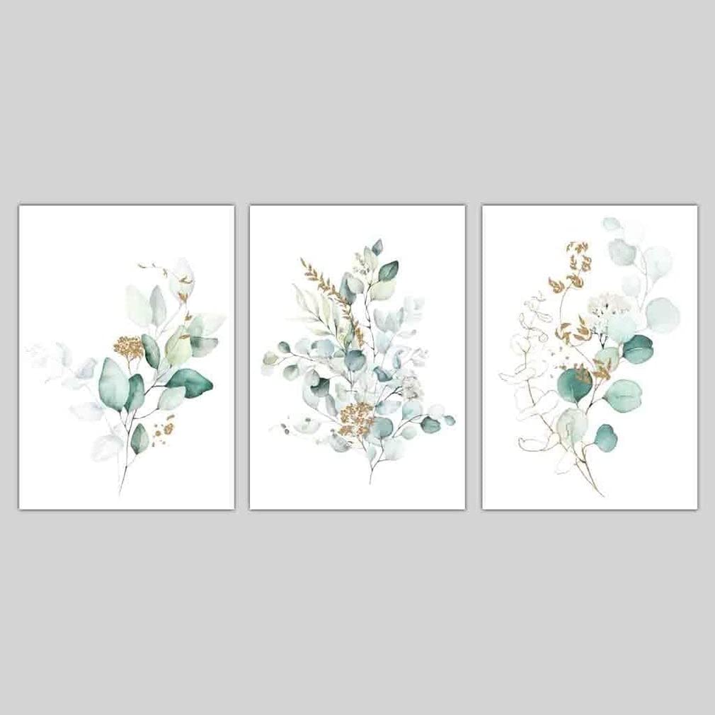 Artze Wall Art Botanical Eucalyptus Prints 3-Piece Set, 30 cm Width x 40 cm Height, Blue Green/Gold