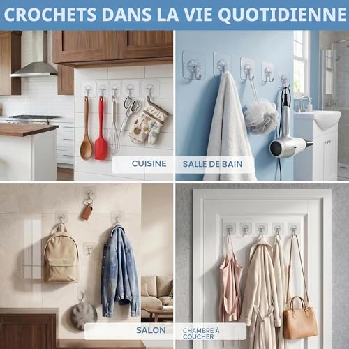 WOVU 10 Pcs Clear Adhesive Hooks No Drilling Strong 15kg Max Waterproof Water/Oil Waterproof Bathroom Kitchen Towel Coat Keys Multipurpose