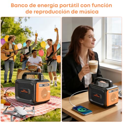 Banco de Energía Portátil, Bateria de Emergencia para Casa con Iluminación LED y Reproductor de Música,Cargador Multipuerto-3 DC, 1PD 2 USB y 1 AC, Estacion de Energia para Exteriores Campamento