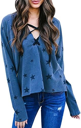 Buttons Blouse Tops, FIRERO Women Five-pointed Star Hodded Bandage T-Shirt Long Sleeve Pullover Blouse Tops (Blue, S)