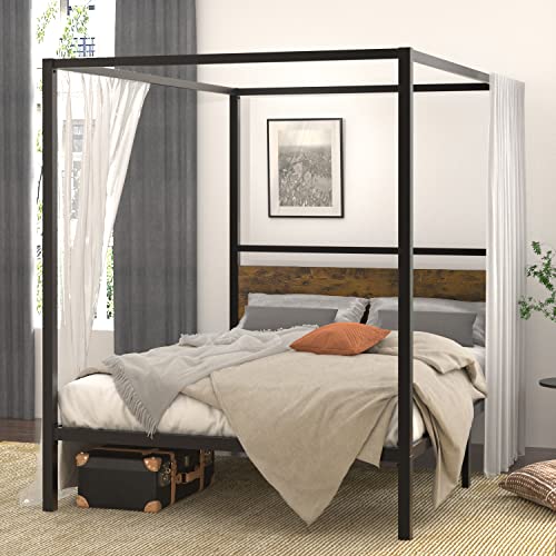 SHA CERLIN Full Size Metal Canopy Bed Frame with Wooden Headboard, 4