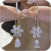 Sparkly Boho Crystal Flower Tear Water Drop Dangle Earrings for Women, Charm Gold Cubic Zirconia Floral Flowers Teardrop Hook Earring Jewelry Gifts