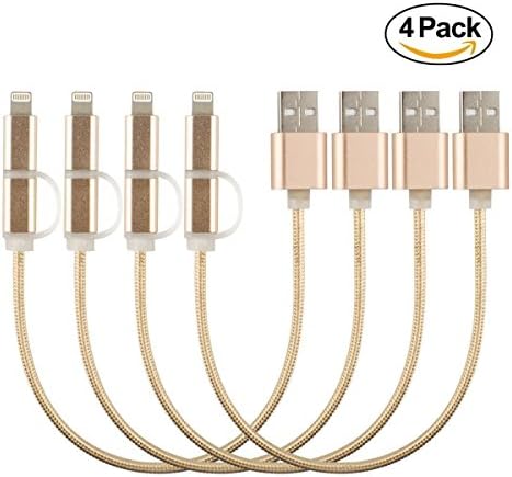 2-in-1 Lightning and Micro USB Cable [4 Pack 10 inches] Yalian Nylon Braided Charging/Sync Data for iPhone 7, iPhone 6, iPad, iPod, Samsung Galaxy and Android Gold