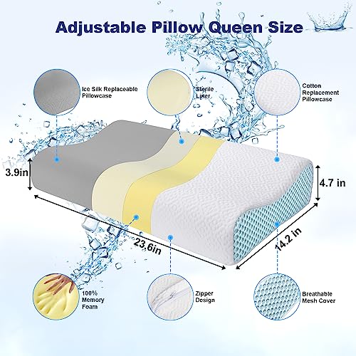 PKBD Memory Foam Pillow with Replacement Pillowcase(Cooling Ice Silk&Cotton),Neck/Shoulder Pain Relief,Ergonomic Orthopedic Cervical Pillow,Neck Contoured Bed Pillow for Side,Back,Stomach Sleepers