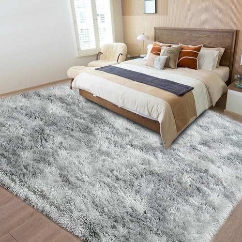 ASIinnsy Living Room Rug, Long Hair, Shaggy Modern Room Carpets, Large, Grey, Non-Slip, Soft, for Bedroom, Dining Room, Plush Rug (200 x 250 cm, Grey White)