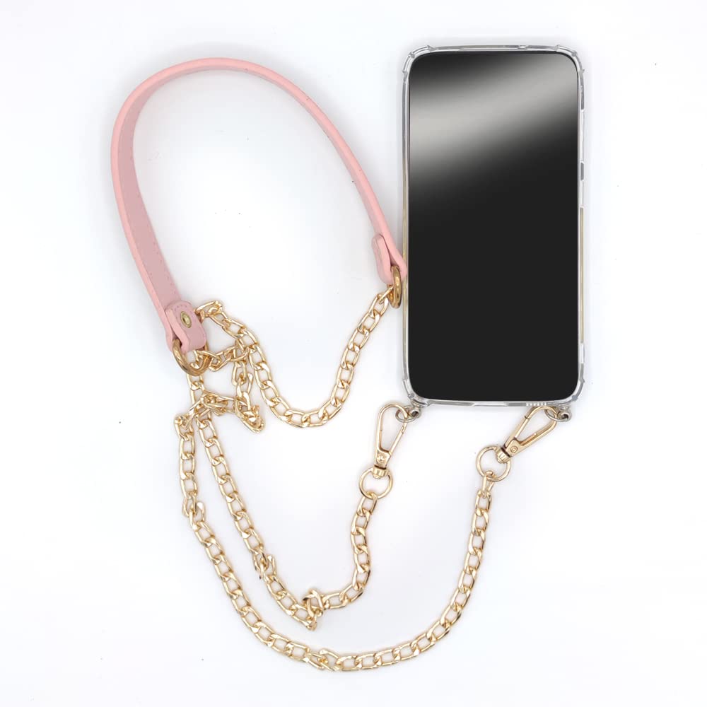 iPhone 14 Pro Plus (6.7) Clear Case with Lanyard/Shoulder Strap/Phone Cord Chain and Leather Pink