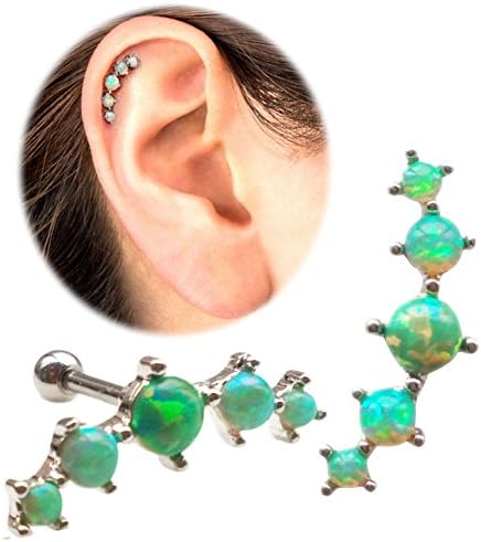 One Piece 16G 1/4''Prong Set Synthetic Opal with curved design to comfortably fit the anatomy of the top cartilage of the ear (Green)