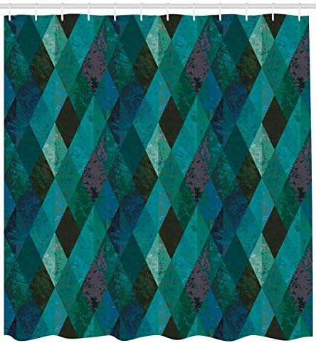 Juzijiang Emerald Shower Curtain, Abstract Retro Intertwined Lines Checkered Pattern Worn Looking Vintage Design, Fabric Bathroom Decor Set with Hooks, 60x72 Inches, Multicolor