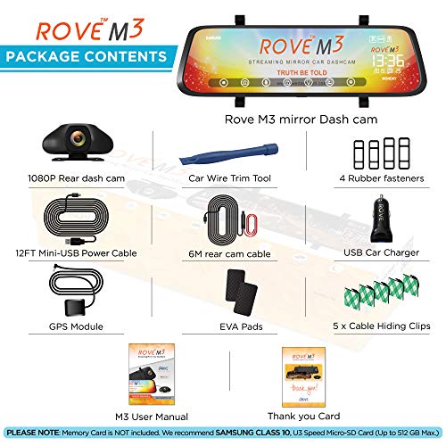 Rove M3 Streaming Mirror Dashboard Camera, FHD 1080p Front and Rear View 9.66 Inch Touch Screen Monitor Dual Lens Dash Cam with Built in Backup Camera, GPS Player, Parking G-Sensor, Motion Detection