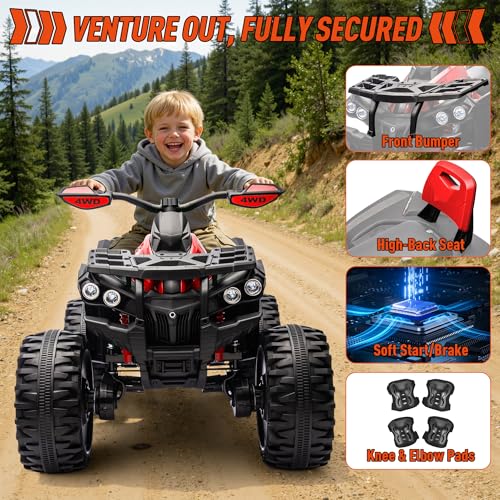 JOYRACER 24V 2 Seater Kids ATV 4 Wheeler, 4x4 Ride on Toys w/800W Engines, 9AH Battery Powered Electric Vehicle w/LED Light, MP3, USB, Spring Suspension, Kids Quad for Girls, Red