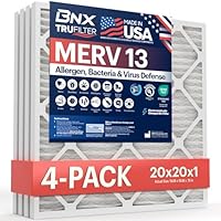 BNX TruFilter 20x20x1 MERV 13 (4-Pack) AC Furnace Air Filter - MADE IN USA - Electrostatic Pleated Air Conditioner HVAC AC Furnace Filters - Removes Pollen, Mold, Bacteria, Smoke