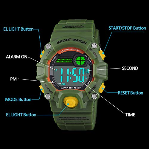 Venhoo Kids Digital Watches Outdoor Sport Waterproof Electronic LED Alarm Stopwatch Wrist Watch for Kids Boys Girls-Army Green