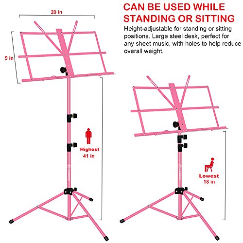 Music Stand, Kasonic Professional Collapsible Orchestra Portable and Lightweight with LED light, Music Sheet Clip Holder and Carrying Bag Suitable for Instrumental Performance (Pink)