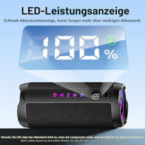 Bluetooth Lautsprecher mit Licht, Bluetooth 5.4 Musikbox,25W Dual Lautsprecher, LED Anzeige & 25 Std Akku,Dualen Bass-Treibern, IPX7 wasserdicht,TWS Paarung, AUX,TF Karte,Geeignet Outdoor/Party