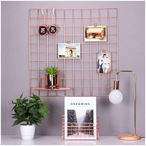 AIKOS Wall Grid, Grid Panel for Photo Hanging Display & Wall Decoration Organizer, Multifunctional Wall Storage Display Grid, 5 Clips & 4 Nails Offered, Size 23.6” x 23.6”, Rose Gold