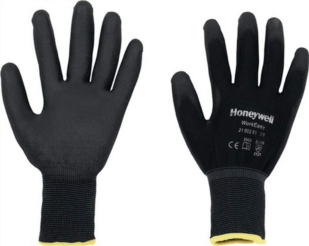 Honeywell WorkEasy Black General Purpose Gloves for Precision Work 2100251, 100% Polyester Knitted, PU Coating, Gauge 13, Length 25cm, Size 08, 2100251-08 (Pack of 10 Pairs) โ image 1