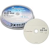10 Pack Smartbuy 2X 25GB Blue Blu-ray BD-RE Rewritable Logo Top Blank Disc | Erasable Blank Blu-ray Recordable Data Media Disc, Rewritten up to 1,000 times, Hold Roughly 2 hours of high-definition Video