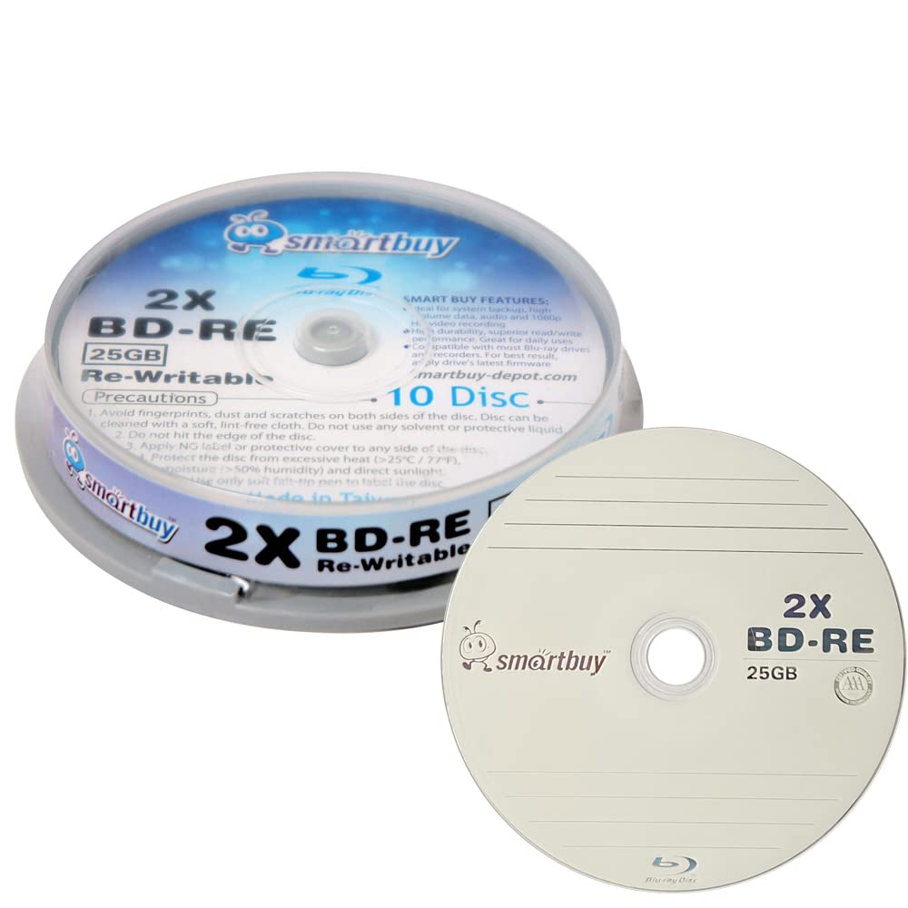 Photo 1 of 10 Pack Smartbuy 2X 25GB Blue Blu-ray BD-RE Rewritable Branded Logo Blank Bluray Disc